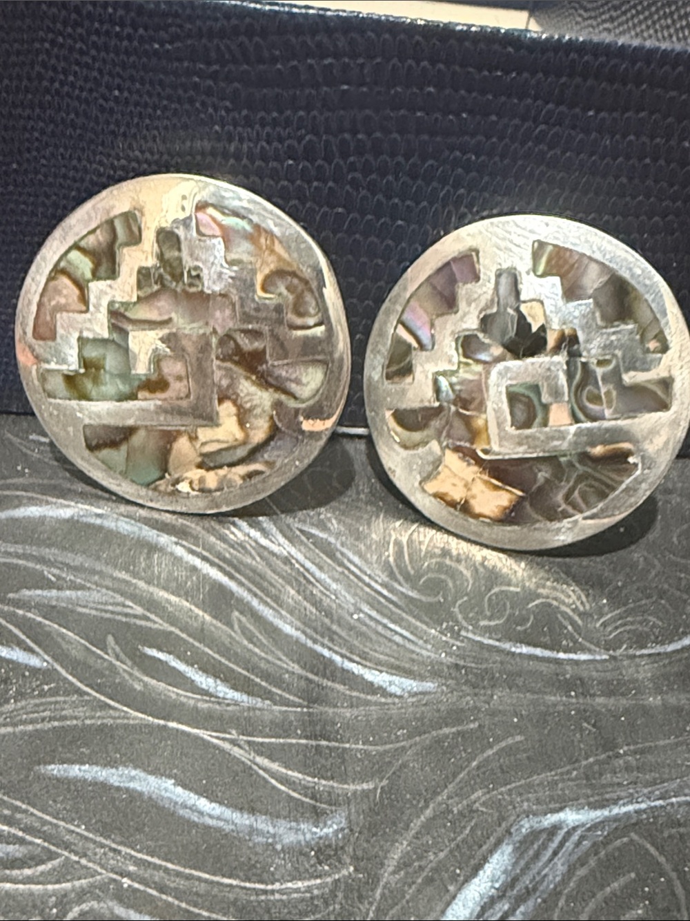 Abalone Inlay Mexican Silver Earrings- Iridescent Green/Purple